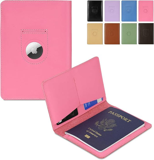 Full Grain Leather AirTag Passport Holder Wallet Cover for Men and Women Travel, Passport Holder with AirTag Slot Passport Wallet, Travel Essentials Genuine Leather Passport Cover Gifts (Pink)