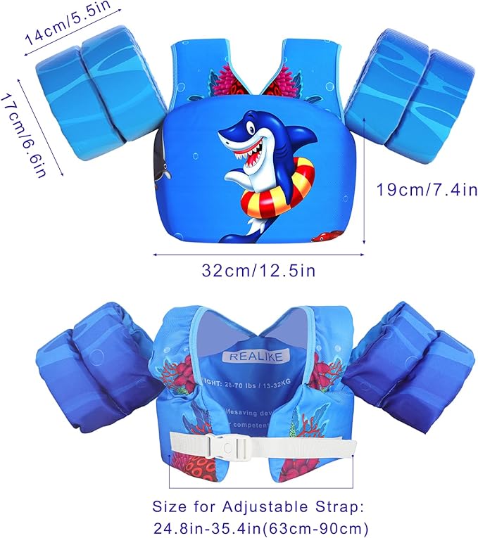 REALIKE Kids Swim Vest for Toddler Floaties Swimming Aids with Shoulder Harness Arm Wings for Children/Infant/Baby,Sea Beach/Pool/Lake, Suitable for 28-70lbs Boys/Girls