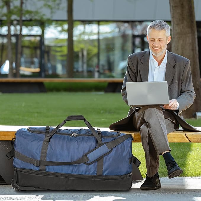 32” 1680D Oxford Foldable Duffle Bag with 2 Wheels,110L to 140L Expandable Soft Sided Rolling Travel Bag,Navy
