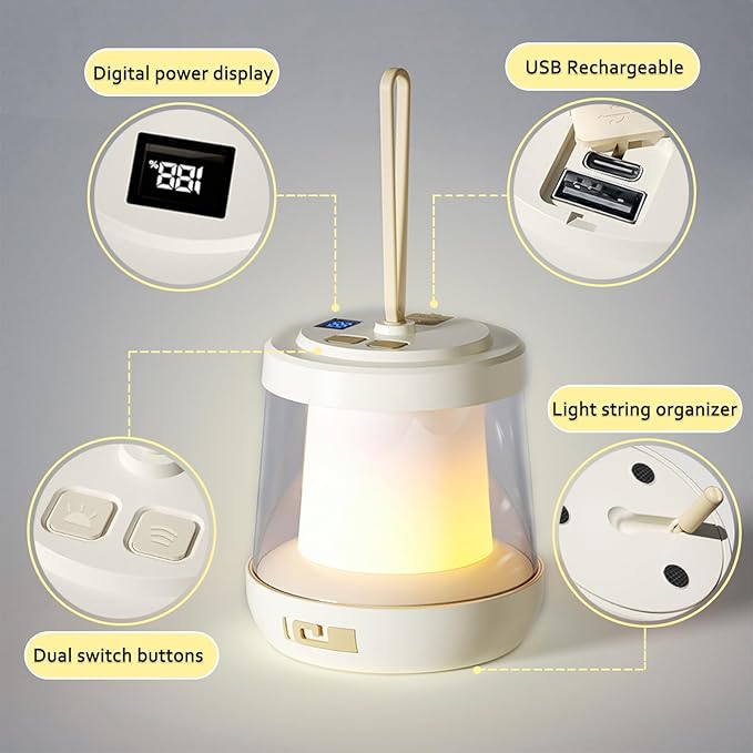 Camping Lantern with String Lights, 2 in 1 Outdoor Waterproof Portable Stowable String Light（32.8Ft）, 1800mAh Rechargeable Lantern with 3 Modes for Camping and Emergency Charging(1-Pack)