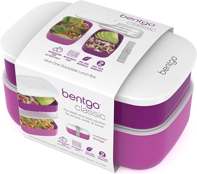 Bentgo Classic - Adult Bento Box, Stackable 3-Compartment Lunch Box with Removable Utensil Set and Sealing Strap, BPA-Free, Food Container Ideal for Meal Prep, Work, and On the Go (Purple)