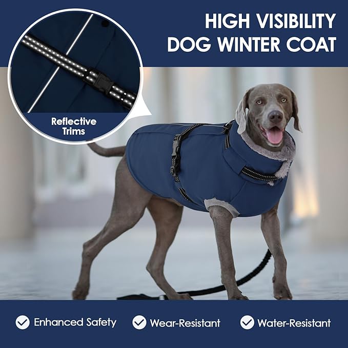 AOFITEE Dog Jacket, Large Dog Coat with Harness Built in, Warm Fleece Lined Pet Winter Jacket with Zipper & Furry Collar, Waterproof Pet Snow Coat Snowsuit for French Bulldog, Blue L