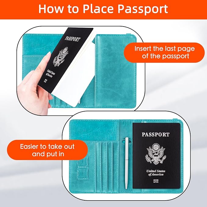 WALNEW Passport Holder for Travel, RFID Passport Cover Wallet for Women Men, PU Leather Passport Book Card Holder Case with Pen, Travelling Essentials for Flying