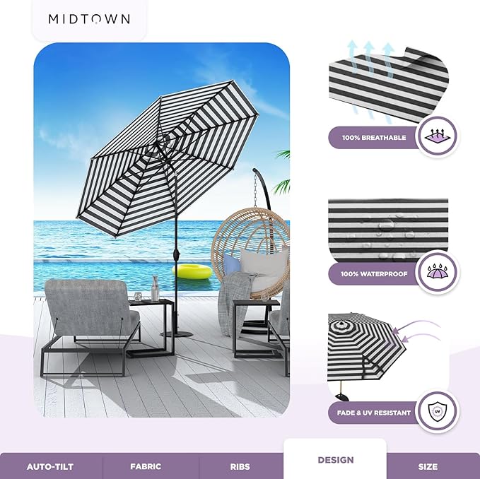 Midtown Umbrellas 10-Year-No-Fade - 6 Ft - UV Proof Black/White Stripes Fabric - Umbrella Outdoor Patio, Aluminum Frame Large Patio Umbrella for Garden, Pool & Deck - Black Pole