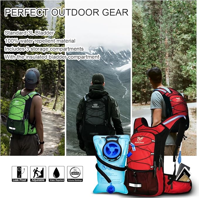 Mothybot Insulated Hydration Backpack Pack with 3L BPA Free Leak Proof Water Bladder, Large Storage Lightweight Hiking Daypack with Waist Pouches & Cooler Layer, for Running, Biking, Camping, Festival