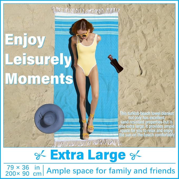 Thin Turkish Beach Towel Lightweight Soft Cotton Extra Large XL Oversized Sand Free Sandproof Absorbent Quick Dry Towels Cloud Bath Pool Travel Compact Essentials Accessories for Adult Gifts