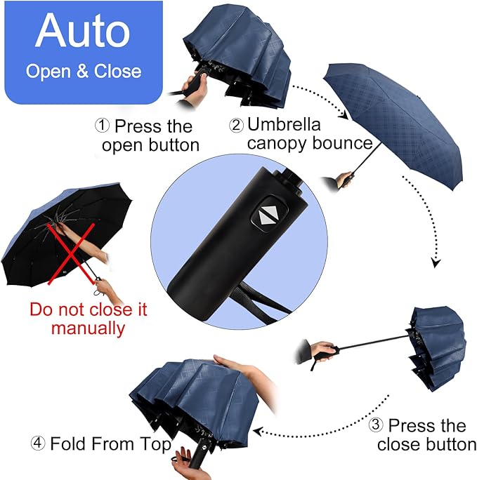 Satol 46/54/62 Inch Large Golf Umbrella, Windproof 10 Ribs Automatic Open/Close Oversize Double Canopy Vented Portable Folding Travel Umbrellas, UPF 50+ Sun & Rain Compact Umbrellas for Outdoor