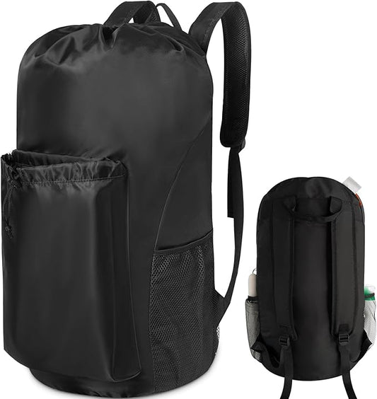Gifts for Students, Polecasa Extra Heavy Duty Large Backpack Laundry Bag with Comfortable Padded Shoulder Straps & 4 Pockets, Christmas Gift for Women, Drawstring bag for Dorm, College, Travel, Black