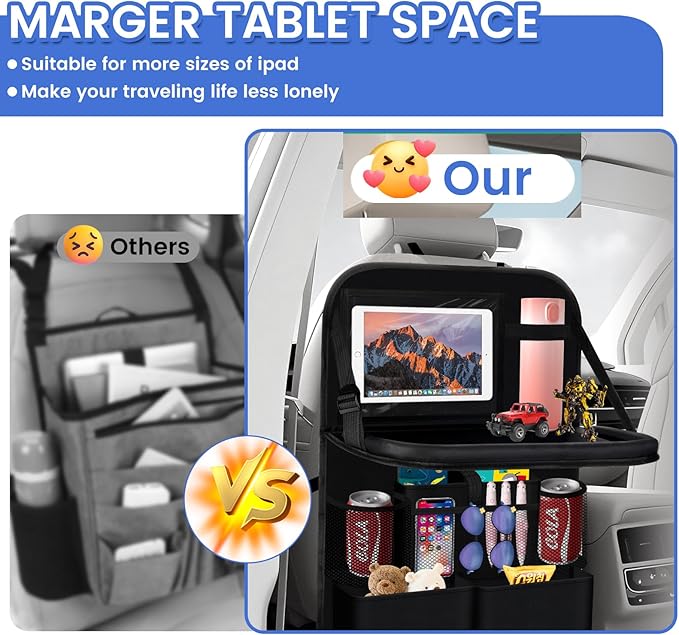 The car rear seat storage unit comes with a flat rack, 13 storage compartments, a foldable tray table, a rear seat kick pad, and can hold snacks and toys. It's black (1 piece【Dining table style】)