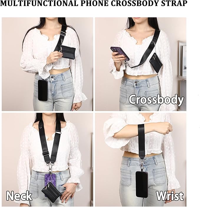 Crossbody Body Phone Holder for Women, New Phone Strap with Zippered Pouch, Adjustable Crossbody Strap (Black+White+Green+Leopard)