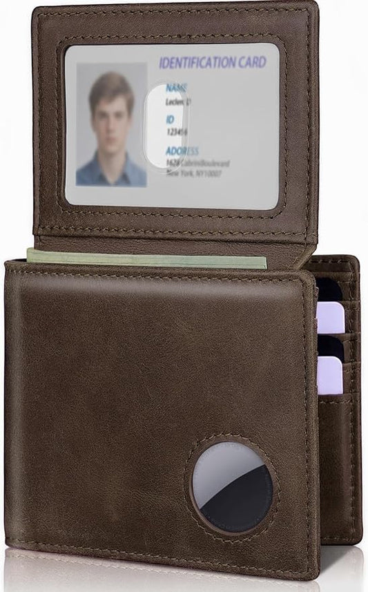 Mens Wallet with AirTag Holder, Genuine Leather Bifold RFID Blocking Wallet for Men - 2 ID Window 13 Cards Holders 1 Gift Box, AirTag Not Included