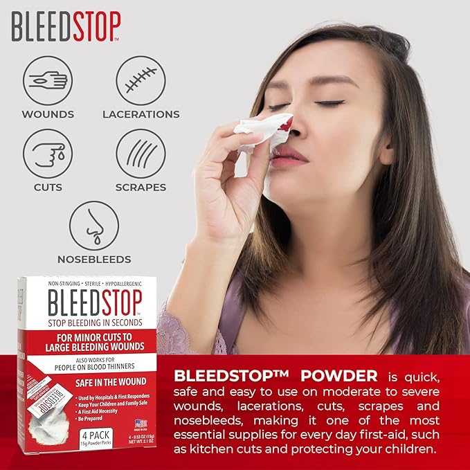 BleedStop™ First Aid Powder for Blood Clotting, Trauma Kit, Blood Thinner Patients, Camping Safety, and Survival Equipment for Moderate to Severe Bleeding Wounds or Nosebleeds 5 Pack 15g
