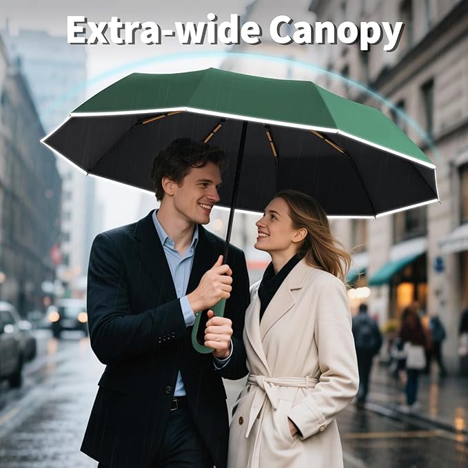 Seniny Travel Umbrella with Carabiner Handle, Windproof Large Umbrellas for Rain with Dual-Rib Structure, Portable Compact Umbrella with Reflective Strip, Car Backpack UV Umbrellas for Sun Protection