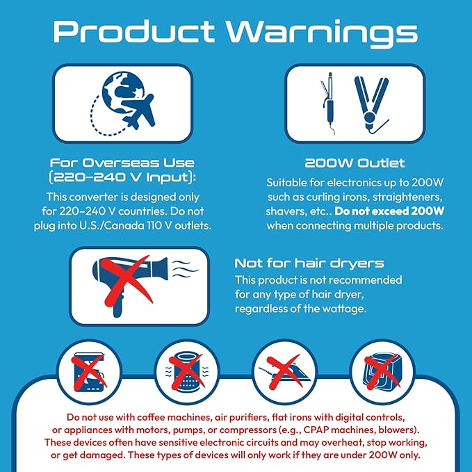 Ceptics 200W 220v to 110v converter, Step Down Voltage Converter for Curling Iron, Straightener, Charger, Travel Adapter and Voltage Converter, 3 USB-A, USB-C PD 18W, Type C, E/F, G, I, Plugs included