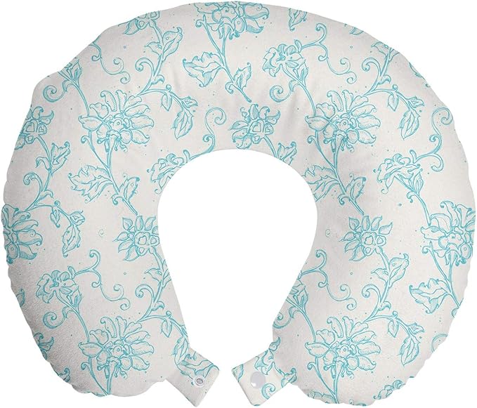 Ambesonne Botanical Travel Pillow Neck Rest, Detailed Intricate Floral Ornaments Romantic Pure Tones Illustration, Memory Foam Traveling Accessory for Airplane and Car, 12", Blue White