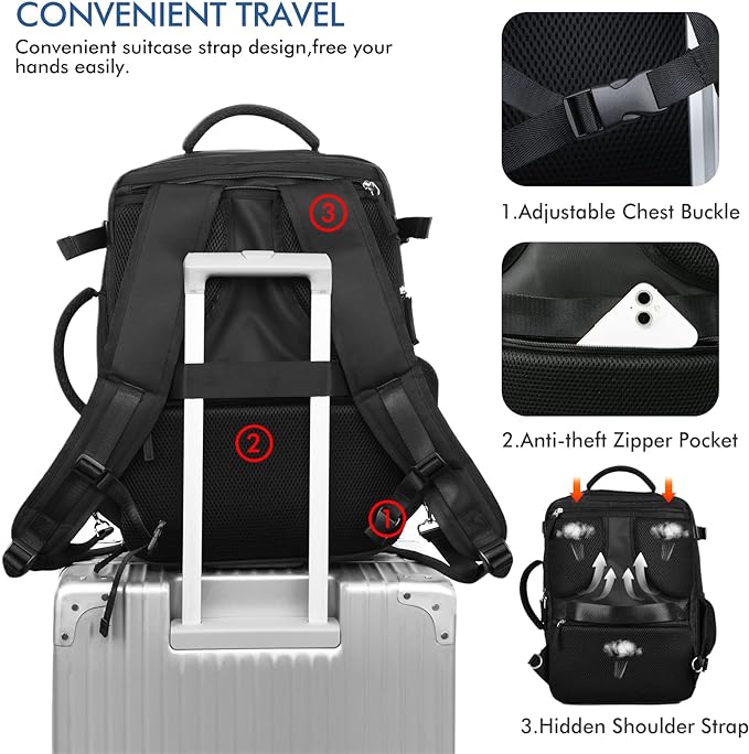 Beraliy Travel Backpack for Men Women, Carry On Backpack, 16 Inch Laptop Backpack, Waterproof School Backpack, Casual Outdoor Daypack College Bag, Black