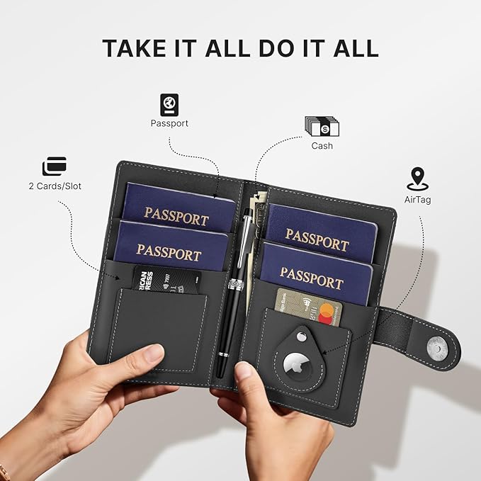 ALLIVE Passport Holder for Travel Family, Genuine Leather Passport Wallet with AirTag Slot, RFID Blocking Travel Document Organizer for Women & Men, Airport Essentials, Family Travel Gift (Black)