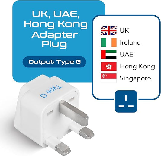 Ceptics UK, Hong Kong, Ireland, UAE Travel Plug Adapter (Type G) - 3 Pack [Grounded & Universal] (GP-7-3PK), White, Standard