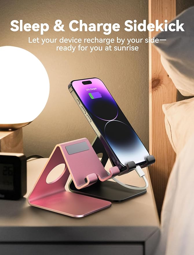 TOPGO 2 Pack Cell Phone Stand, Cradle, Aluminum Desktop Cellphone Stand with Cable Collective for Office Desk, Bedside Table Compatible with iPhone 17 16 15 14 13 12 Pro Max - Black & Pink