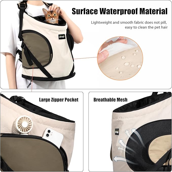 NATUYA Dog Front Carrier, Pet Carrier Front-Pack for Small Dog Puppy Cat, Travel Hiking Waterproof Lightweight Pet Bag, Padded Bottom Mat & Zip Pockets (Cream)