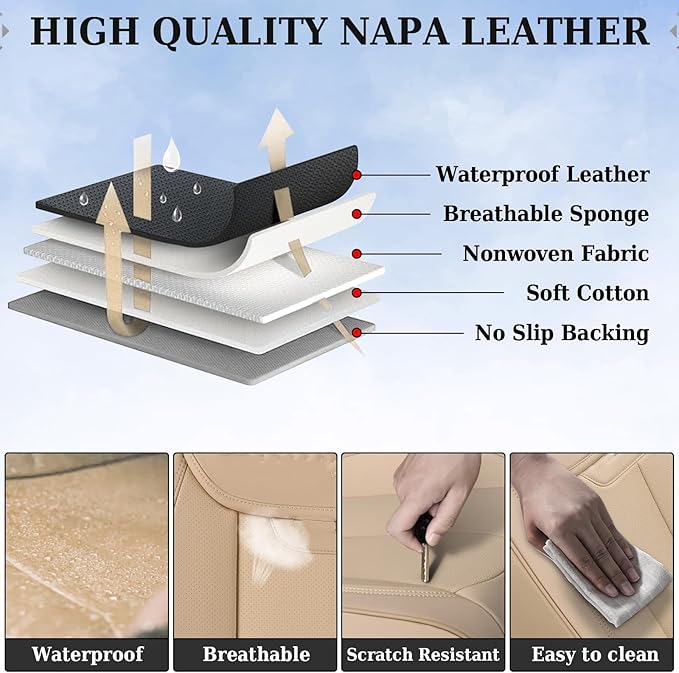 Coverado Car Seat Covers Full Set, Seat Covers for Cars, Beige Car Seat Covers Front Seats and Back Car Seat Protector Waterproof, Leather Car Seat Cushion Universal Fit for Most Cars