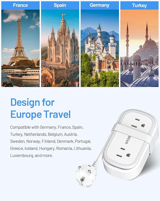 European Travel Plug Adapter, US to Europe Plug Adapter 2 Outlets 3 USB Ports, 5ft Power Cord with USB C Cable, Type E F Plug Adapter for US to Most of Europe Iceland Spain Italy France