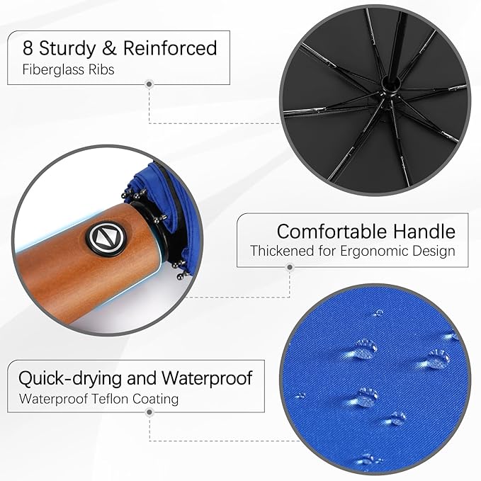 Yoobure Windproof Travel Umbrella with Wood Handle - Automatic Umbrellas for Rain & UV Sun Protection, Compact 46" Large Canopy, Lightweight Backpack Portable for Walking & Outdoor