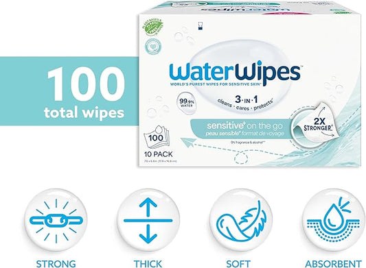 WaterWipes Sensitive+ On The Go Wipes, 3-In-1 Cleans, Cares, Protects, 99.9% Water, Unscented & Hypoallergenic Wet Wipes, 100 Count (10 Packs)