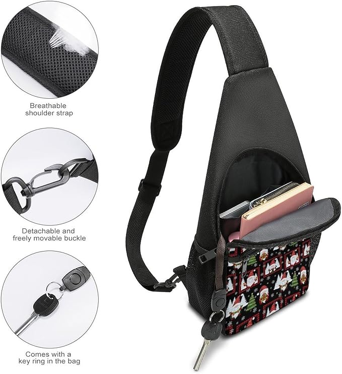 SWEET TANG Fashion Sling Backpack for Men Women, Lightweight Sling Shoulder Bag, Outdoor Chest Crossbody Bike Gym Runner Daypack with Adjustable Strap, Red Gnomes Snow Christmas
