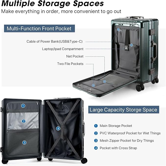 MRPLUM Front Pocket Carry On Luggage,PC Hardside Spinner Wheel Suitcase with TSA Lock,Cup Holder,Phone Holder&USB Charging Port,Dark Green(1 Piece)