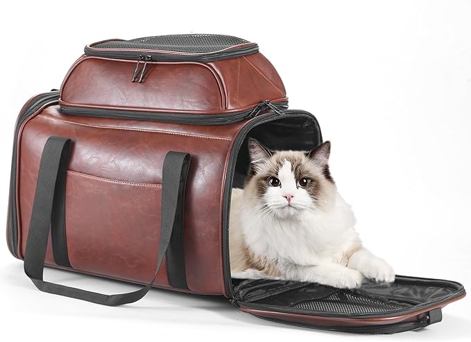 Premium Leather Top Expandable Pet Carrier for Small Dogs & Cats Under 15 lbs, Airline Approved Collapsible Soft-Sided Luxury Travel Bag Coffee