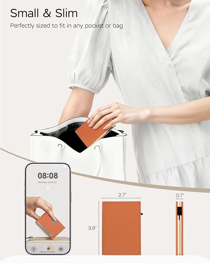 Vast Scenery Women's Small Wallet - 2026 Trendy Vibrant Orange, RFID Blocking Smart Metal Pop Up Card Holder, Ultra Slim Fits Most Bags & Pockets, Holds 11+ Cards 10+ Bills, Gift for Her