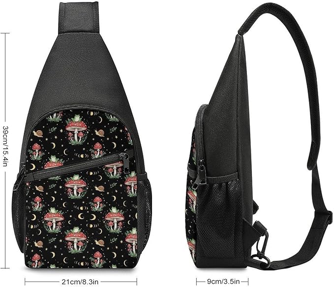 SWEET TANG Fashion Sling Backpack for Men Women, Lightweight Sling Shoulder Bag, Outdoor Chest Crossbody Bike Gym Runner Daypack with Adjustable Strap, Moon Frog Mushroom