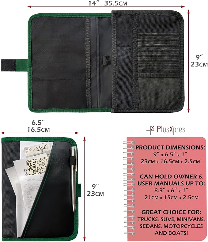 Glove Box Compartment Organizer - Car Document Holder - Owner Manual Case Pouch - Vehicle Storage Wallet for Registration & Insurance Card - Premium Auto Paperwork Holder - Log Book included - Green