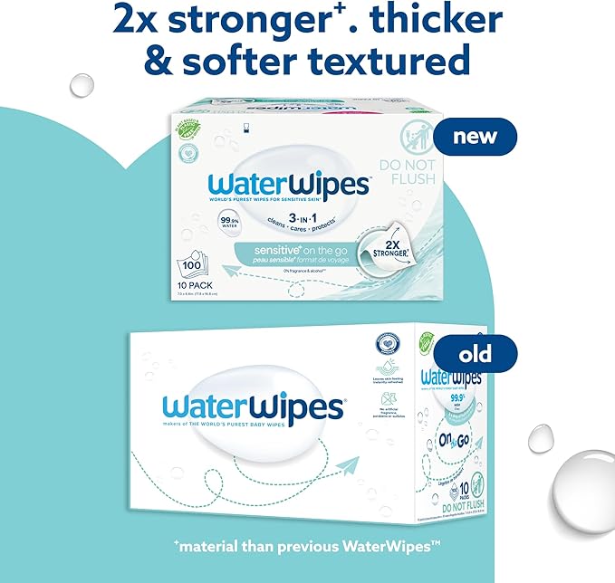 WaterWipes Sensitive+ On The Go Wipes, 3-In-1 Cleans, Cares, Protects, 99.9% Water, Unscented & Hypoallergenic Wet Wipes, 100 Count (10 Packs)