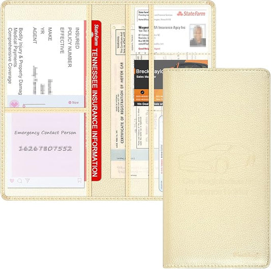 Car Insurance and Registration Holder, 9.5 x 5 Inch PU Leather Vehicle Glove Box Organizer Wallet Case for Insurance Card, Driver License, Paperwork - Champagne