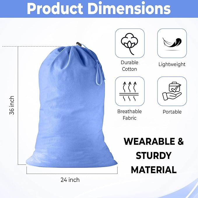 2 Pack - Extra Large Cotton Laundry Bag, Heavy Duty Large Laundry Bags 24 x 36 inch XL Drawstring Travel Organizer Bag Fit Hamper Basket Camp (BLUE, Pack of 2)
