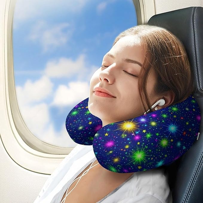 Pain Relief Travel Neck Pillow Colorful Galaxy Stars, Memory Foam U Shaped Support, Breathable Zip Cover for Airplane Car Office Men Women