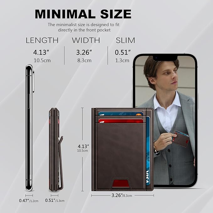 Gtwup Wallet for Men 14-16 Cards, Men's Leather Wallet, Minimalist Thin Card Holder RFID Blocking Money Clip with Simplified Bill Folder & Magnetic Closure, Gifts for Men, Coffee Brown