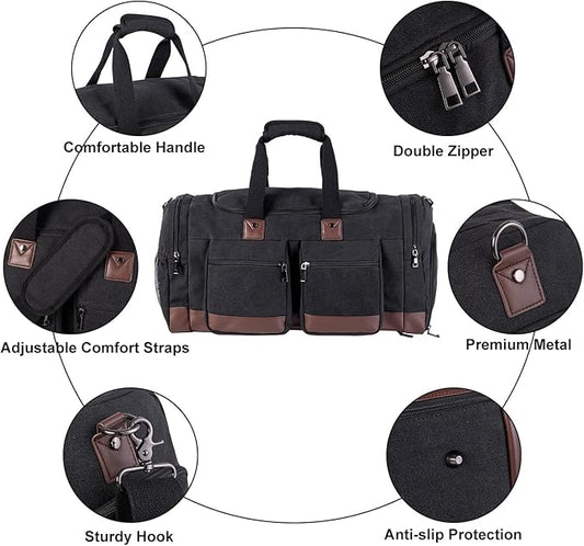 Leather Travel Bag with Shoe Pouch,Weekender Overnight Bag Waterproof Leather Large Carry On Bag Travel Tote Duffel Bag for Men or Women-Dark Grey