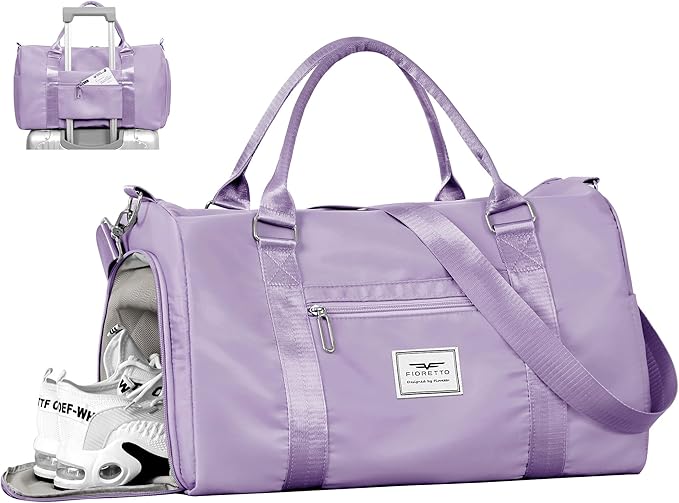 FIORETTO Womens Gym Tote Duffle Bag with Wet Pocket & Shoe Compartment, Sports Duffel Overnight Weekender Hospital Workout Carry on Bag for Girls, Ideal for Travel, Swimming, Dance, Ballet Purple