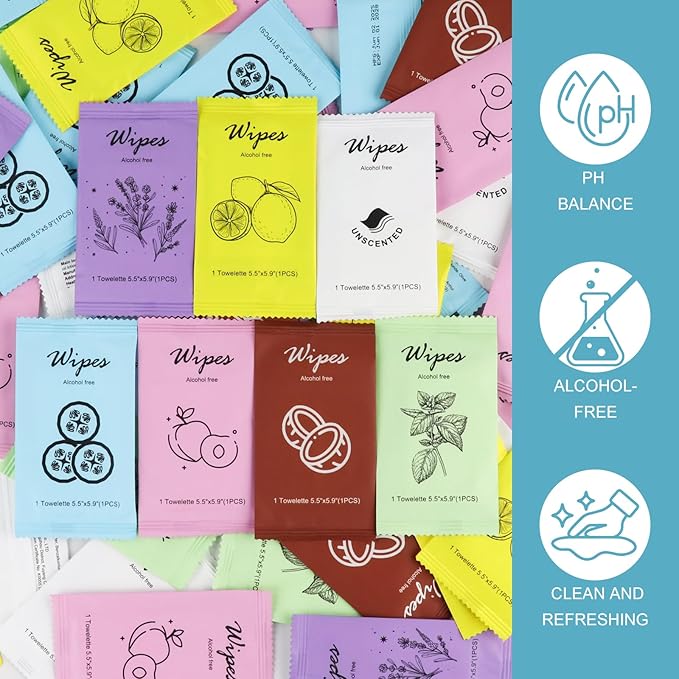 Individual Hand Wipes,Wet Wipes Individually Wrapped Bulk Cleansing Travel Size Wet Wipes for Wedding Travel Restaurant Barbecue(Cucumber, coconut, peach, and unscented,pack of 40)