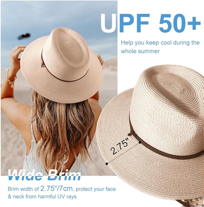 DRESHOW Women Straw Panama Hat Travel Fedora Beach Sun Hat Summer Wide Brim Straw Roll up Hat UPF 50+