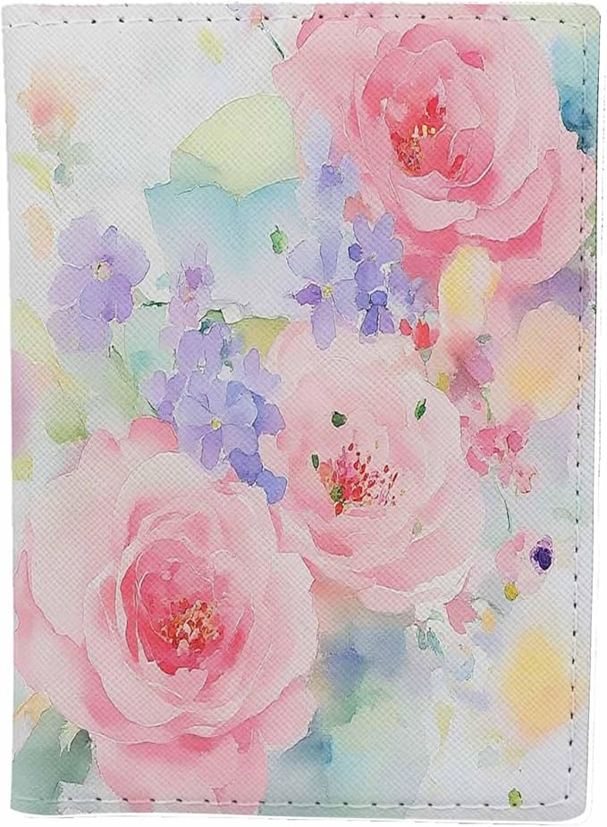Pink Flowers Passport Holder for Travel Watercolor Leaves PU Leather Passport Cover Wallet Cute Passport Card Holder for Women and Men