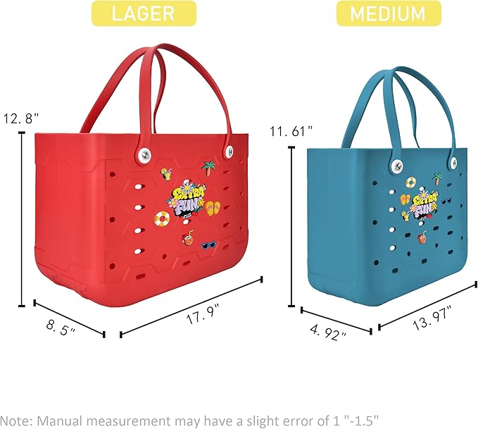 2-Piece Tote Bag Set, Waterproof Rubber Beach Bag with Summer Pattern, Medium & Large Handbag for Pool, Beach, Boat