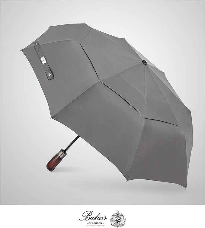 Balios Travel Folding Umbrella with Real Wood Handle Auto Open Close Vented Windproof Canopy - Designed in UK