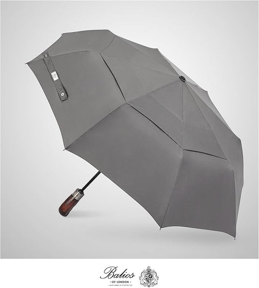 Balios Travel Folding Umbrella with Real Wood Handle Auto Open Close Vented Windproof Canopy - Designed in UK