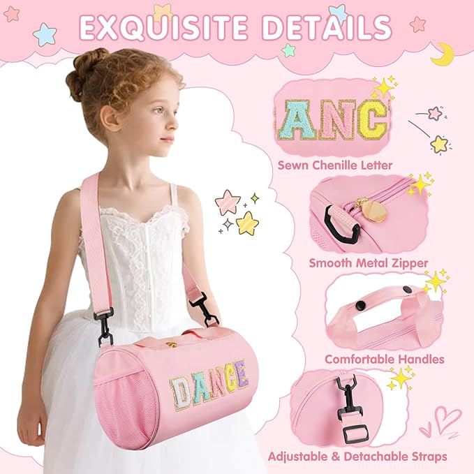 Personalized Dance Duffel Bags for Girls, Cute Colorful Chenille Letter Dance Ballet Workout Bag Gifts for Teen Girls, Waterproof Toddler Travel Weekender Duffel Bag with Adjustable Straps(Pink)