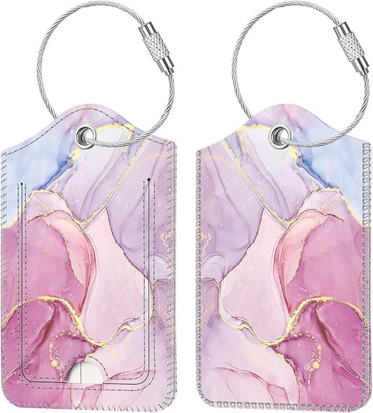 Fintie Luggage Tags, Privacy Cover ID Label with Stainless Steel Loop and Address Card for Travel Bag Suitcase - Glittering Marble (2 Piece)
