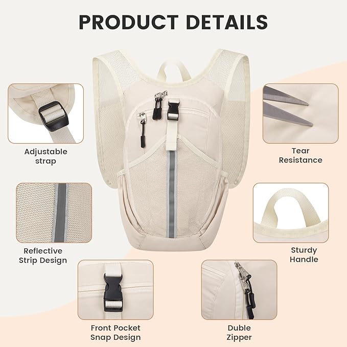 Small Hiking Backpack 10L- Lightweight Packable Foldable Backpack for Travel Camping Outdoor Commute, Compact Rucksack for Women Men(Beige)